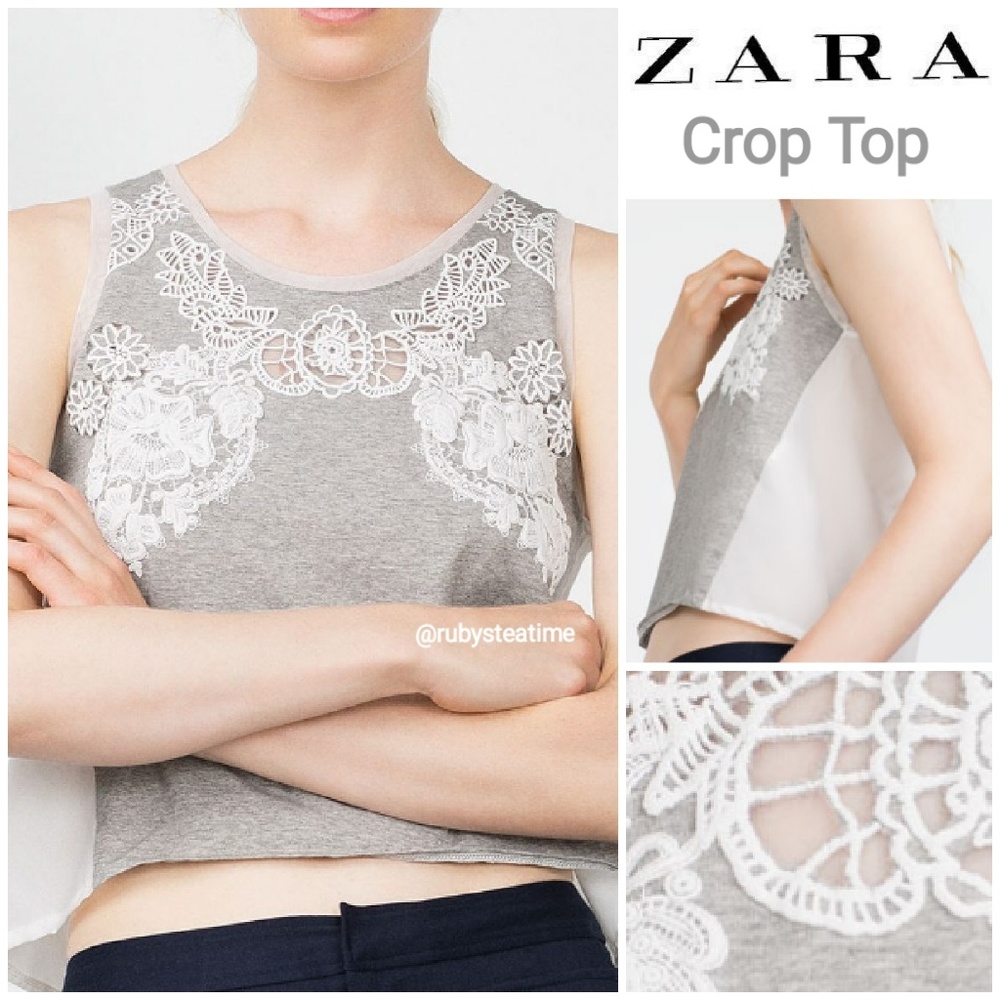 ZARA Crop Top with Printed Lace & Mesh Back